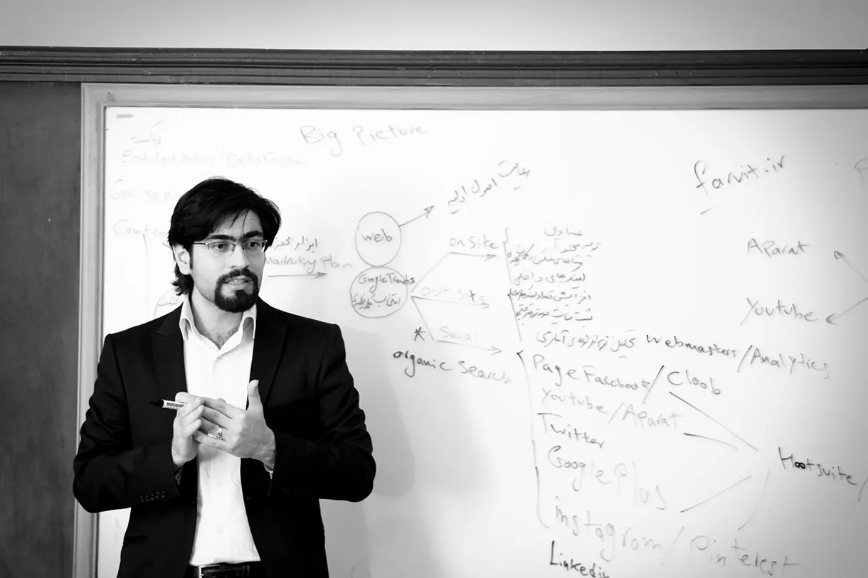 Seyed HamidReza Azimi teaching digital marketing concepts at University of Tehran entrepreneurship class