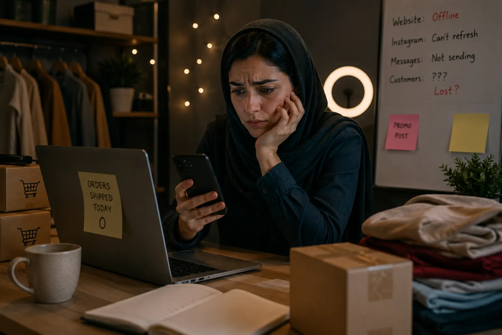 Iranian small business owner struggling with customer communication during internet disruption